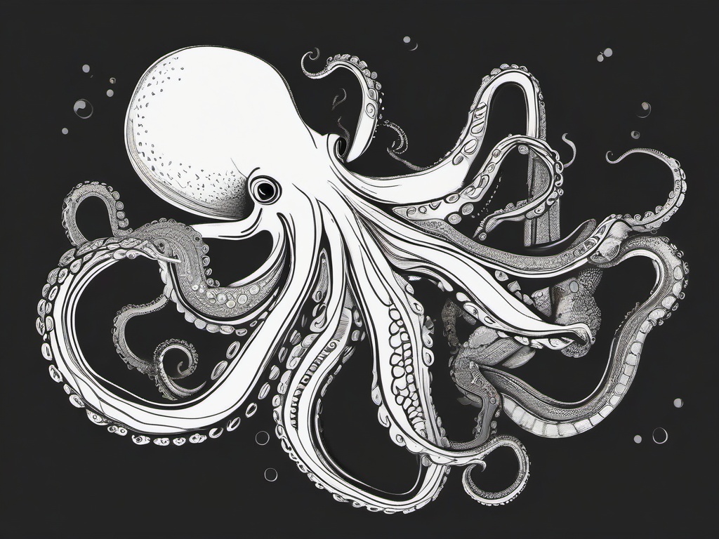 drawing of an octopus with fish  minimal rough sketch scribbles,doodles,black and white