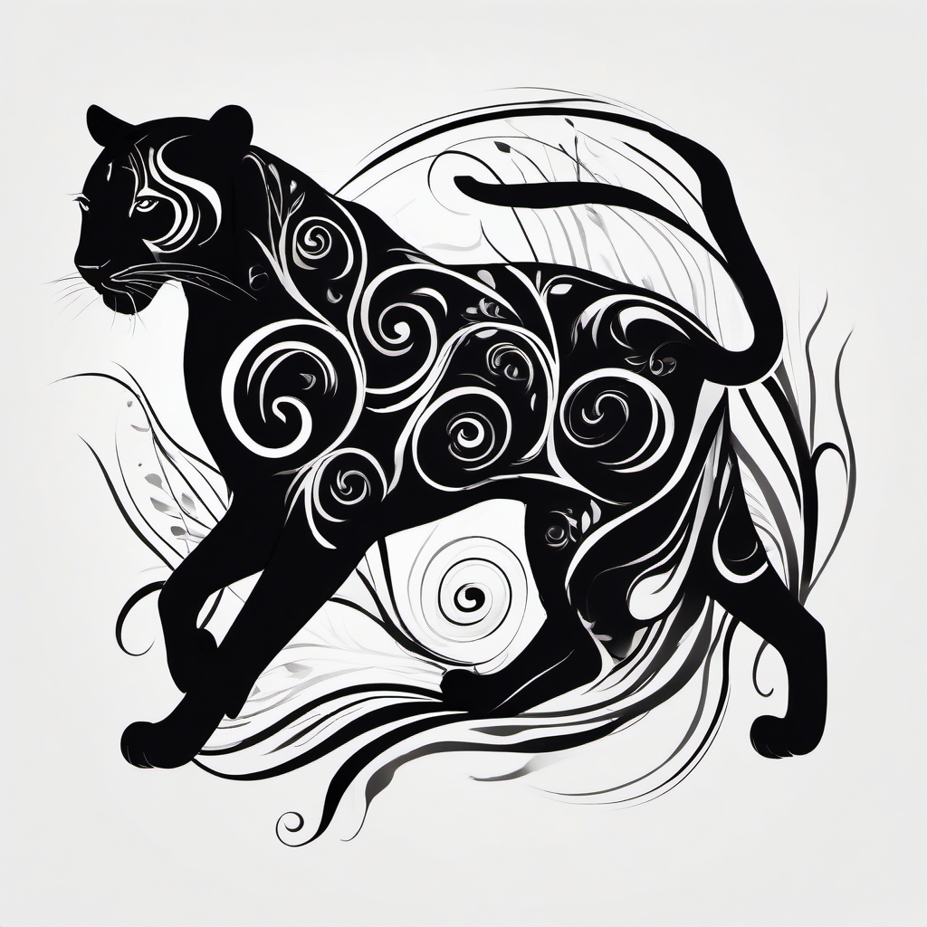 Abstract panther swirls ink. Whimsical dance of the wild.  minimalist black white tattoo style