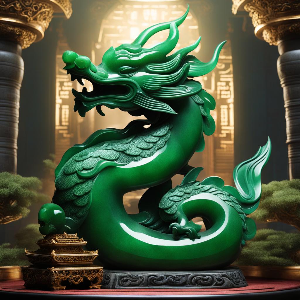 jade dragon nestled within a serene jade temple, its scales resembling precious green stones. 