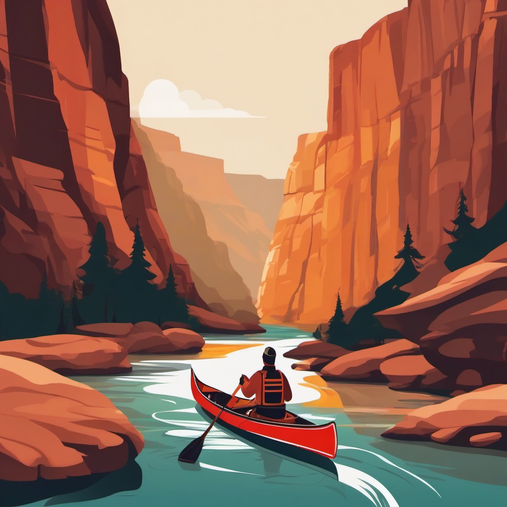 Canoeing Down a River through a Canyon Clipart - A canoeing adventure down a river through a scenic canyon.  color vector clipart, minimal style