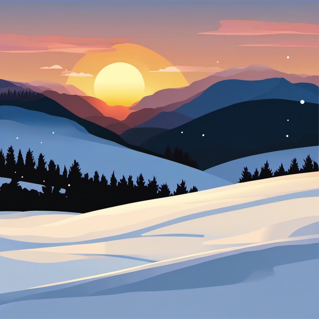 Winter Sunset clipart - Sun setting over a snowy landscape, ,vector color clipart,minimal