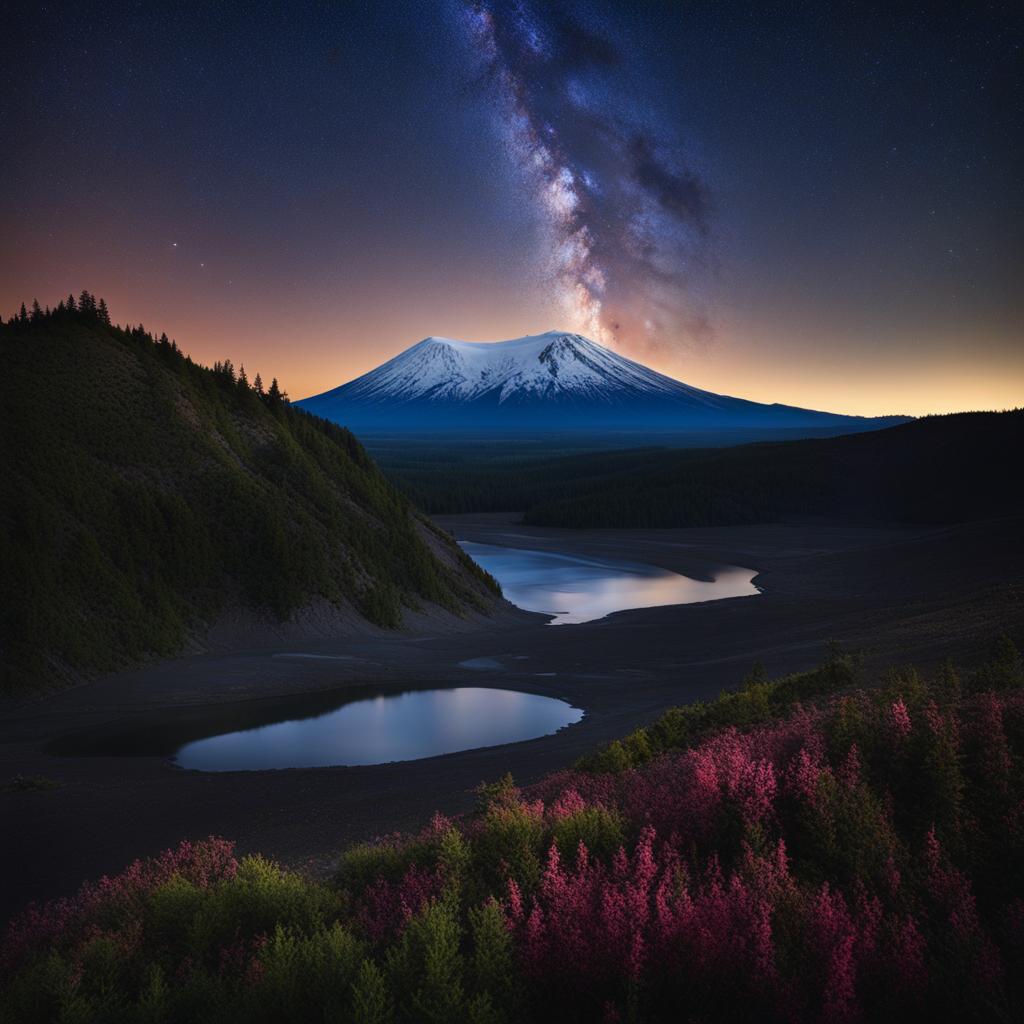 mount st. helens - capture the mesmerizing night atmosphere of mount st. helens, with its volcanic crater and lunar-like landscape under the stars. 