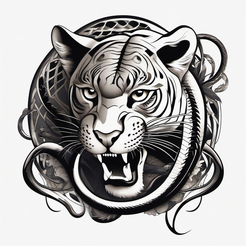 Panther and Snake Tattoo-Dynamic and symbolic tattoo design featuring a panther and a snake in a captivating composition.  simple color tattoo,white background