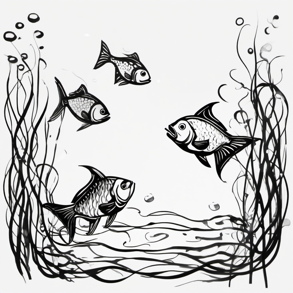 drawing of water and fish swimming  minimal rough sketch scribbles,doodles,black and white