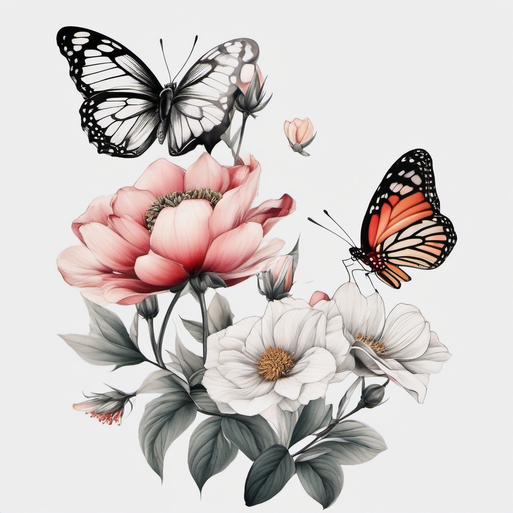 flower and butterfly tattoo  simple color tattoo,white background,minimal