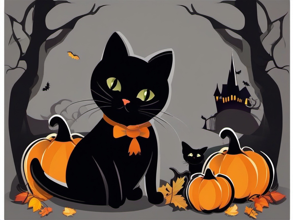 Black Cat Clipart,Illustrating a mysterious Halloween party with black cat clipart  simple, 2d flat