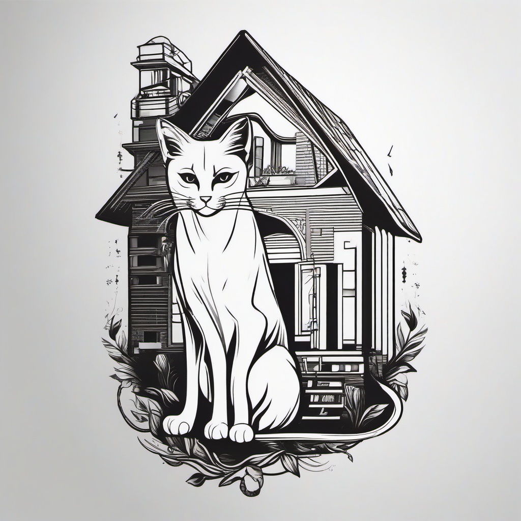 Cat House Tattoo - Tattoo featuring a cat and a house in the design.  minimal color tattoo, white background