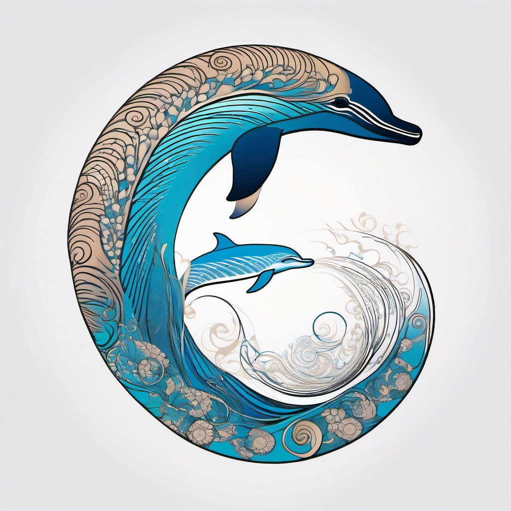 Spiral Shell Serenity - Dolphins among spiral shells, capturing the essence of serenity.  outline color tattoo,minimal,white background