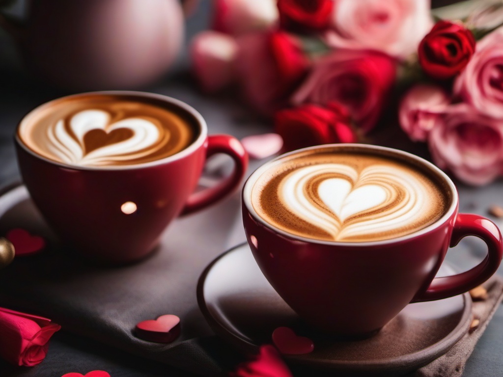 Valentine's Day background - Two cups of coffee with heart-shaped latte art on a cozy table  aesthetic background wallpaper