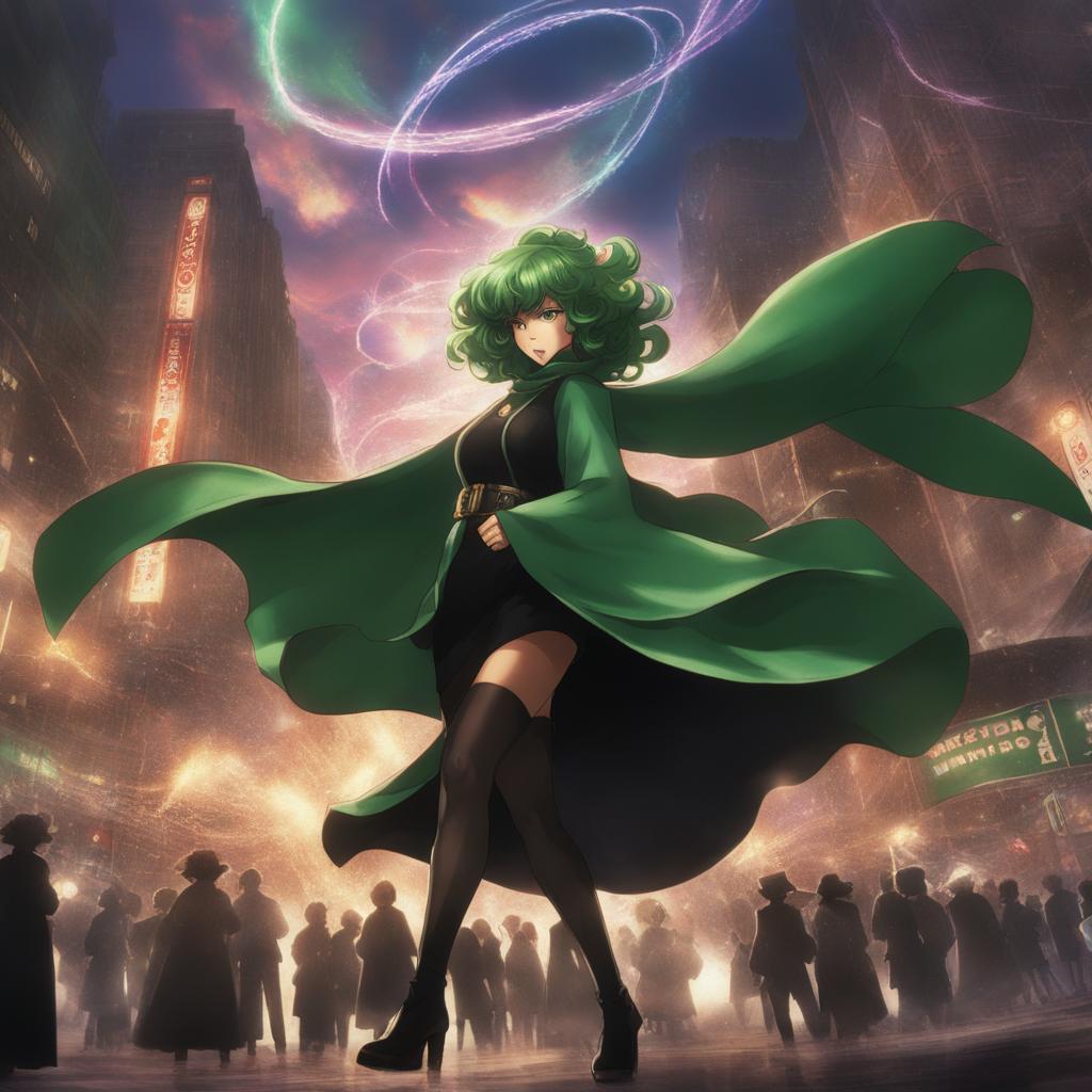 tatsumaki fiercely uses her psychic powers to create a tempestuous whirlwind in a city. 