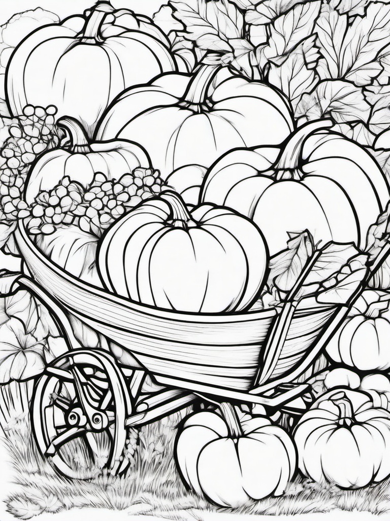 Pumpkin and Harvest Wheelbarrow Coloring Pages - Pumpkins Piled in a Wheelbarrow  minimal black outline printable sheet, coloring page