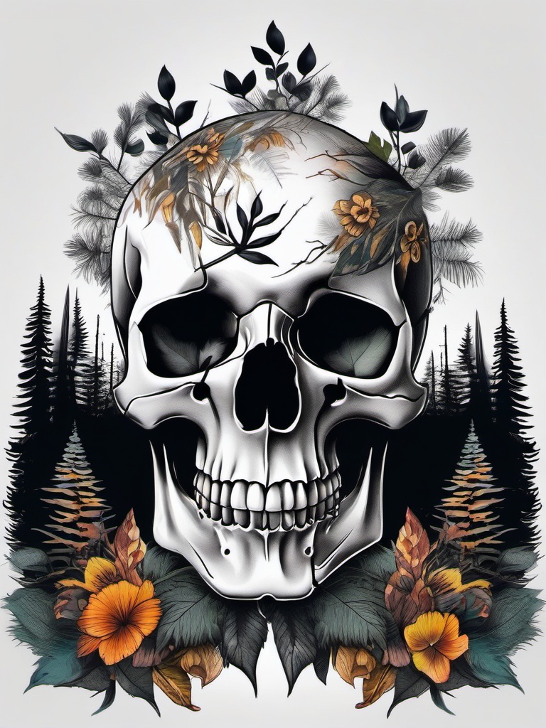 skull forest tattoo  simple color tattoo,white background