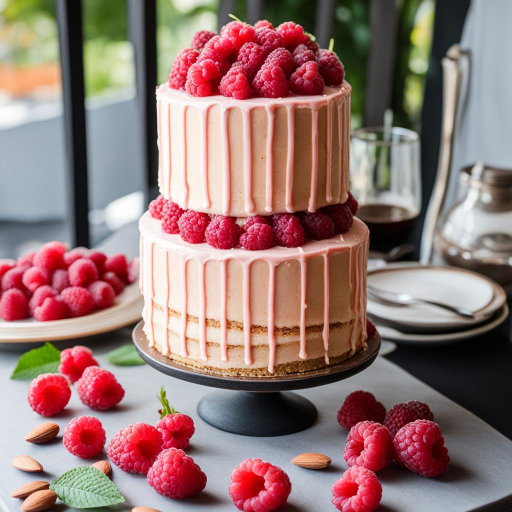 raspberry almond cake with almond buttercream, relished at a chic rooftop brunch. 