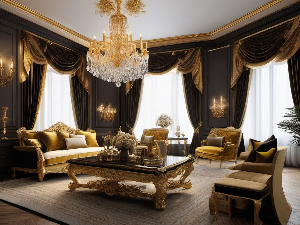 Baroque living room radiates grandeur with its richly detailed gold accents, sumptuous velvet drapery, and an imposing crystal chandelier that epitomizes opulent style.  