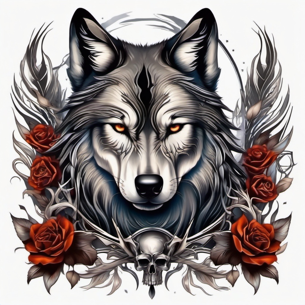 Wolf and Skull Tattoo,macabre symphony of the wolf and a skull, mesmerizing dance between life and death. , color tattoo design, white clean background