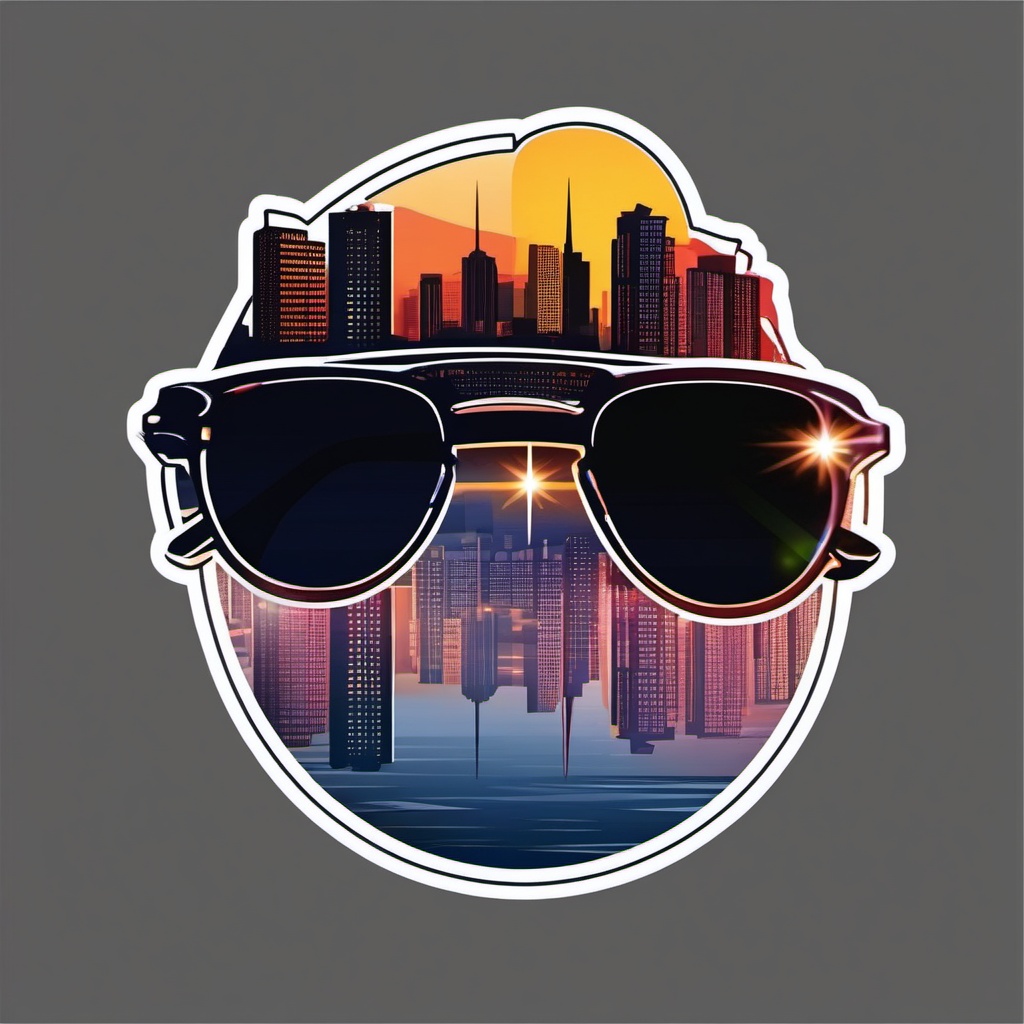 Sunglasses and City Skyline Sticker - Sunglasses with a city skyline reflecting, ,vector color sticker art,minimal