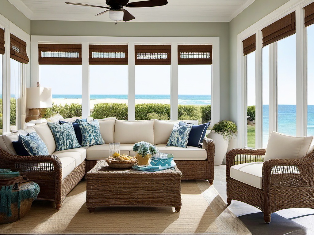 Beach house living room with Pottery Barn wicker sectional, Sunbrella outdoor fabric cushions, and Hunter Douglas sheer shades.  