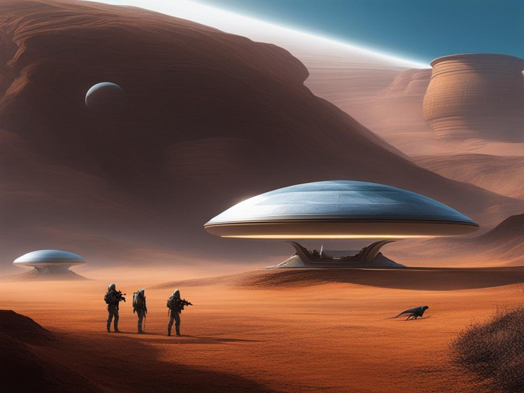 sci-fi alien encounter - illustrate an encounter with extraterrestrial beings in a distant alien landscape. 