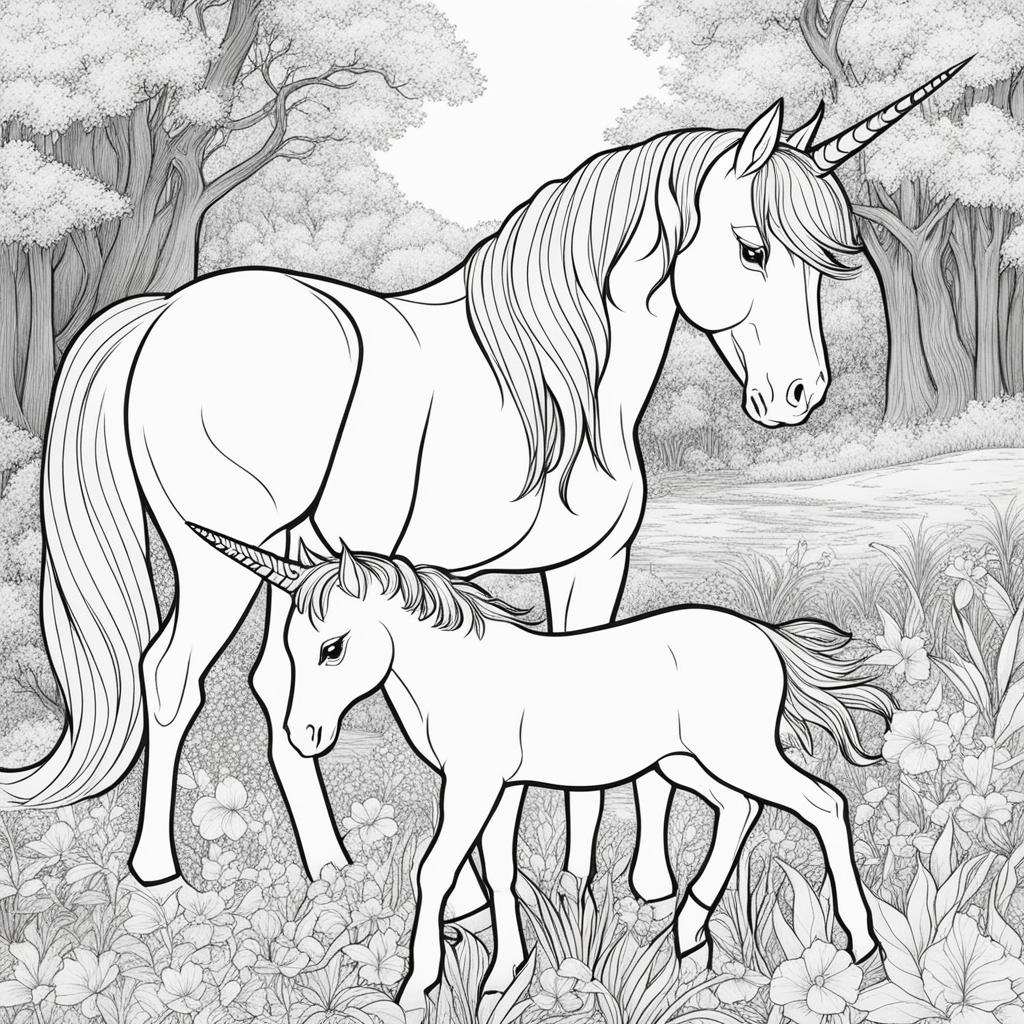 unicorn coloring pages - endearing unicorn nuzzling a newborn fawn in a sun-dappled glade, forming an unlikely friendship. 