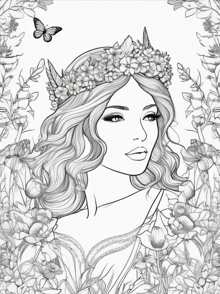 Fairy with a Flower Crown Coloring Pages - Fairy Wearing a Crown of Wildflowers  minimal black outline printable sheet, coloring page