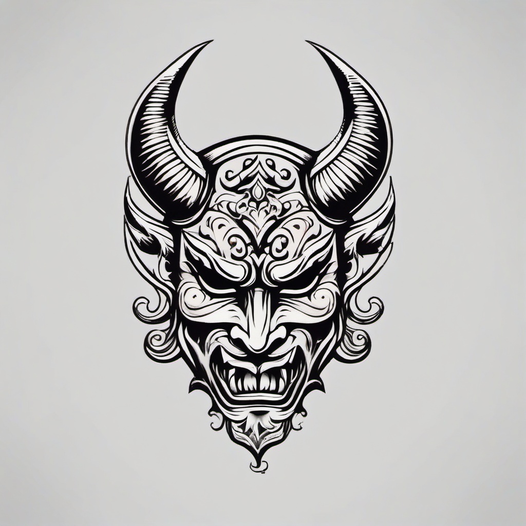 traditional devil mask tattoo  simple color tattoo,white background,minimal