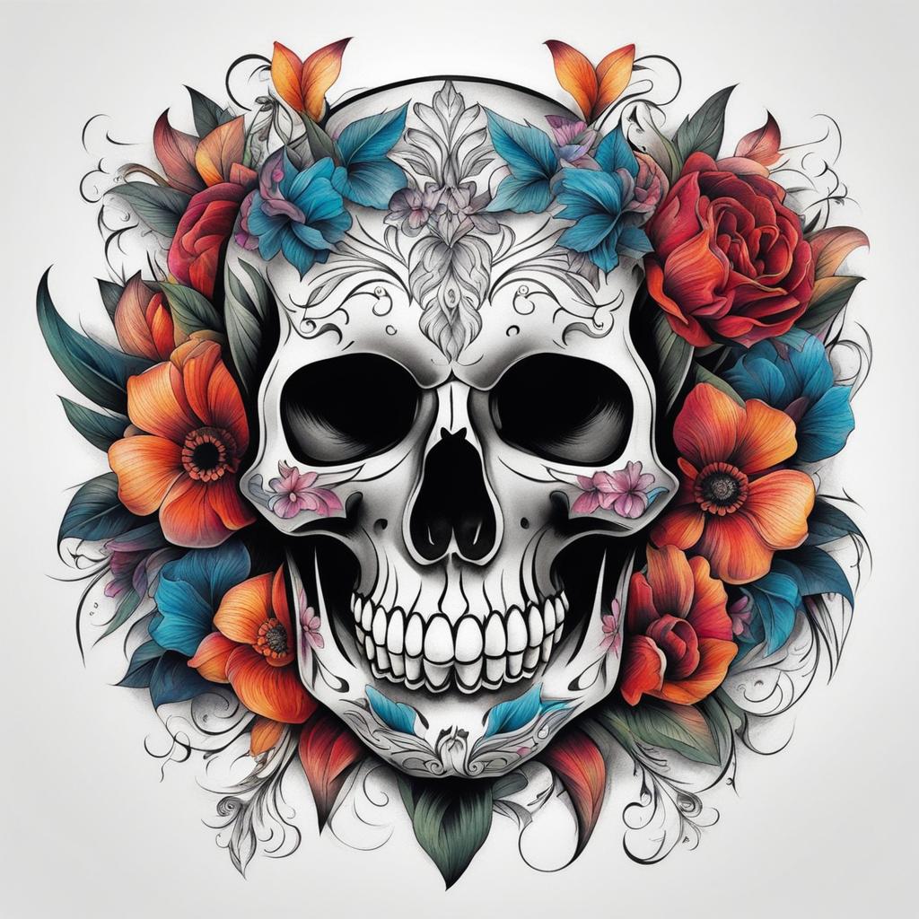 Skull floral tattoo, Artistic tattoos that combine skull motifs with floral elements.  vivid colors, white background, tattoo design