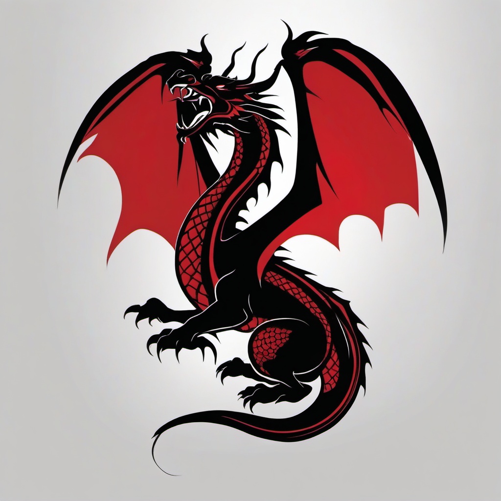 Black and Red Dragon Tattoo - Dragon tattoos with a color palette focused on black and red.  simple color tattoo,minimalist,white background