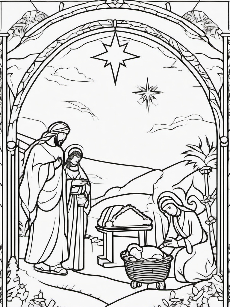 Nativity Scene Coloring Pages - Birth of Jesus in Bethlehem  minimal black outline printable sheet, coloring page