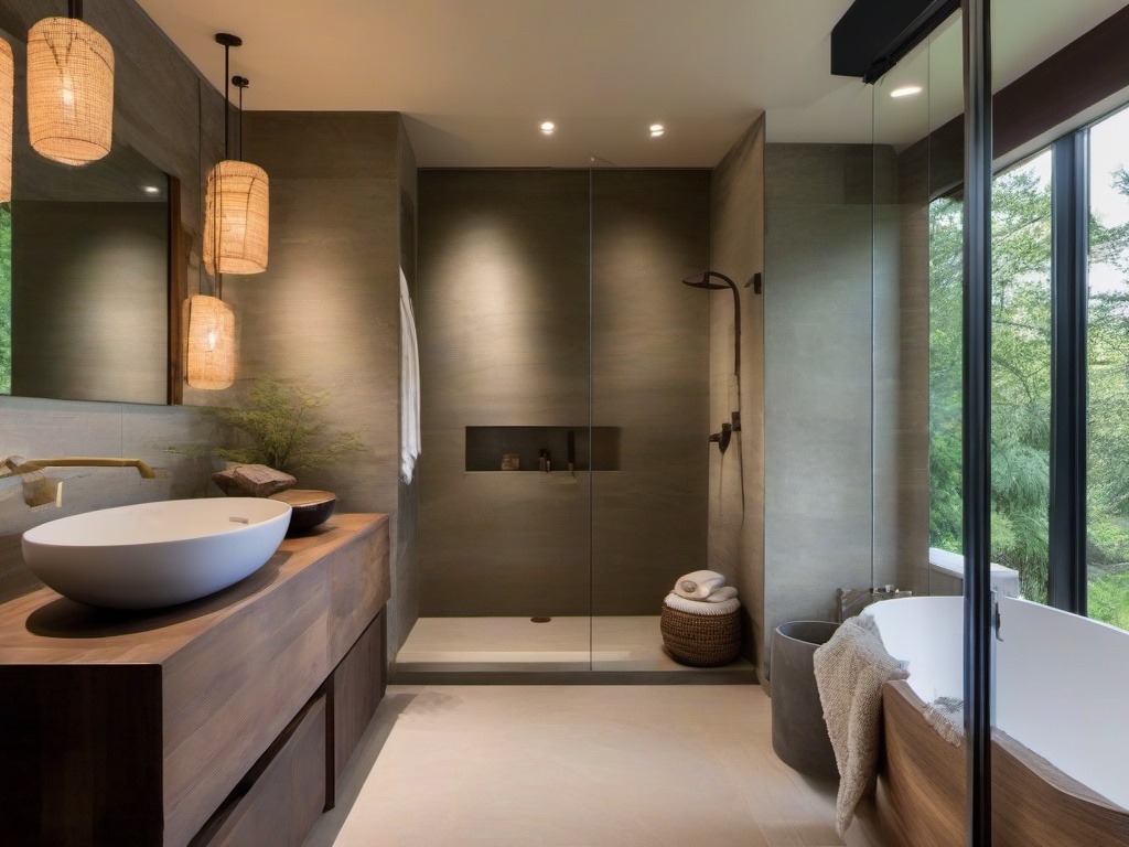 A master bathroom with Wabi Sabi interior design incorporates a natural stone shower, simple fixtures, and organic textiles that transform the space into a luxurious and calming retreat.  