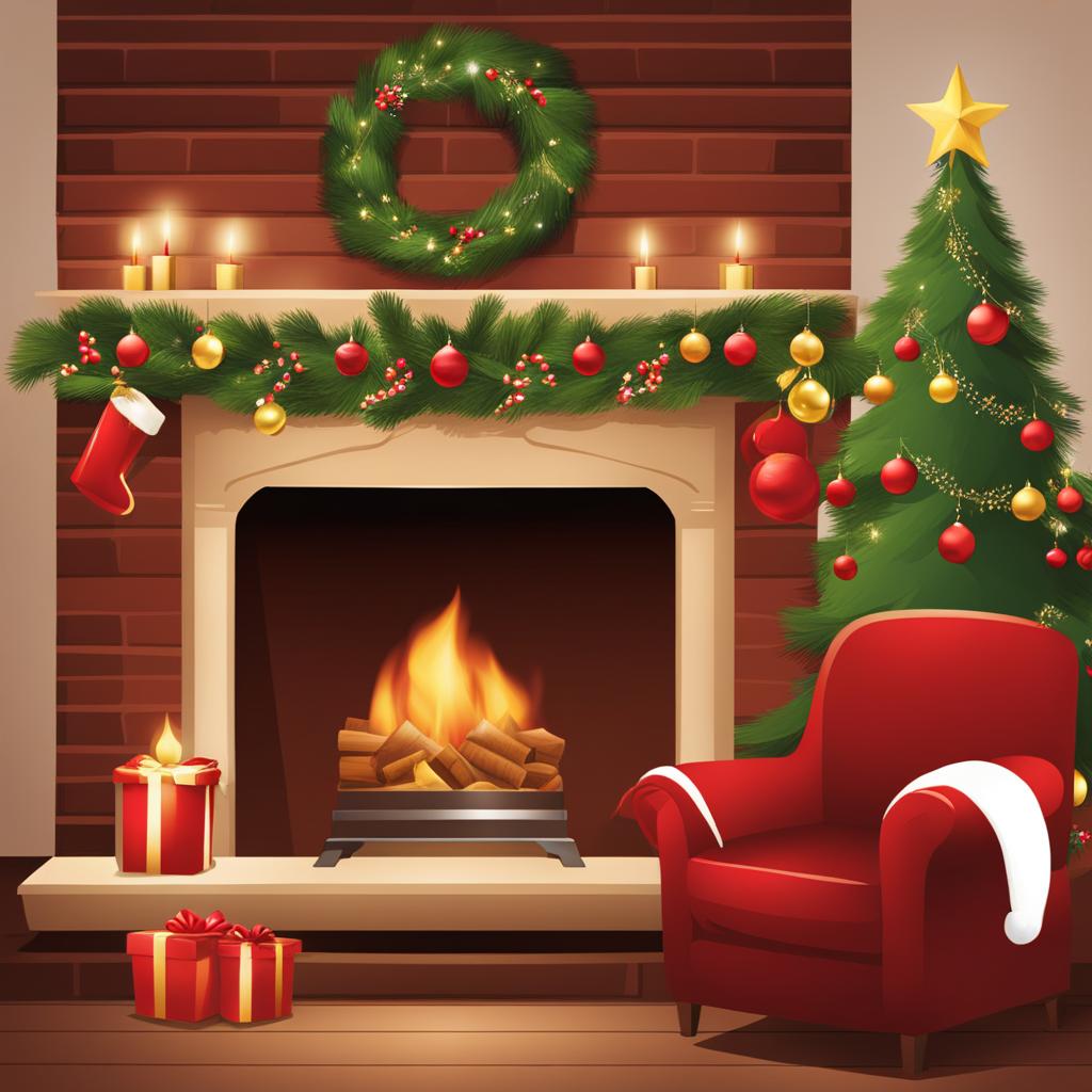 merry christmas clipart: decorating a cozy holiday fireplace. 