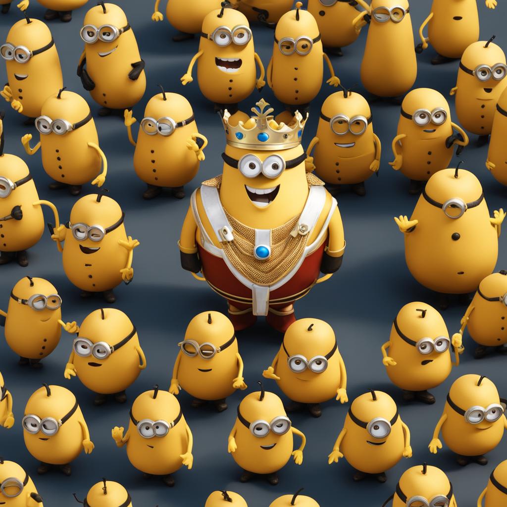 potato dressed as a king in the center with ten  smaller potato minions surrounding in a circle isometric view from top 