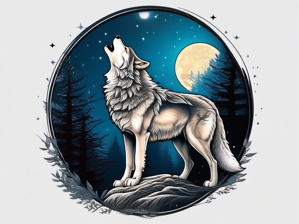 Wolf Howling Moon Tattoo,mystical moment, wolf's mournful howl beneath the luminous moon, profound connection with the night sky. , color tattoo design, white clean background