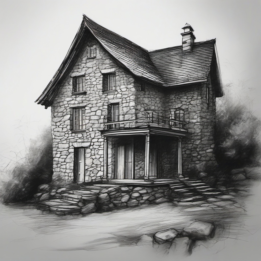 drawing of a stone house  minimal rough sketch scribbles,doodles,black and white