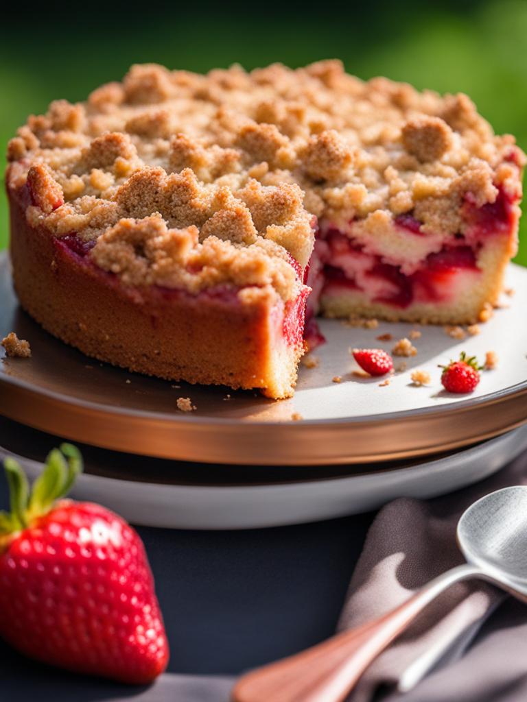 strawberry-rhubarb cake with a crumbly topping, devoured in a sunlit garden. 