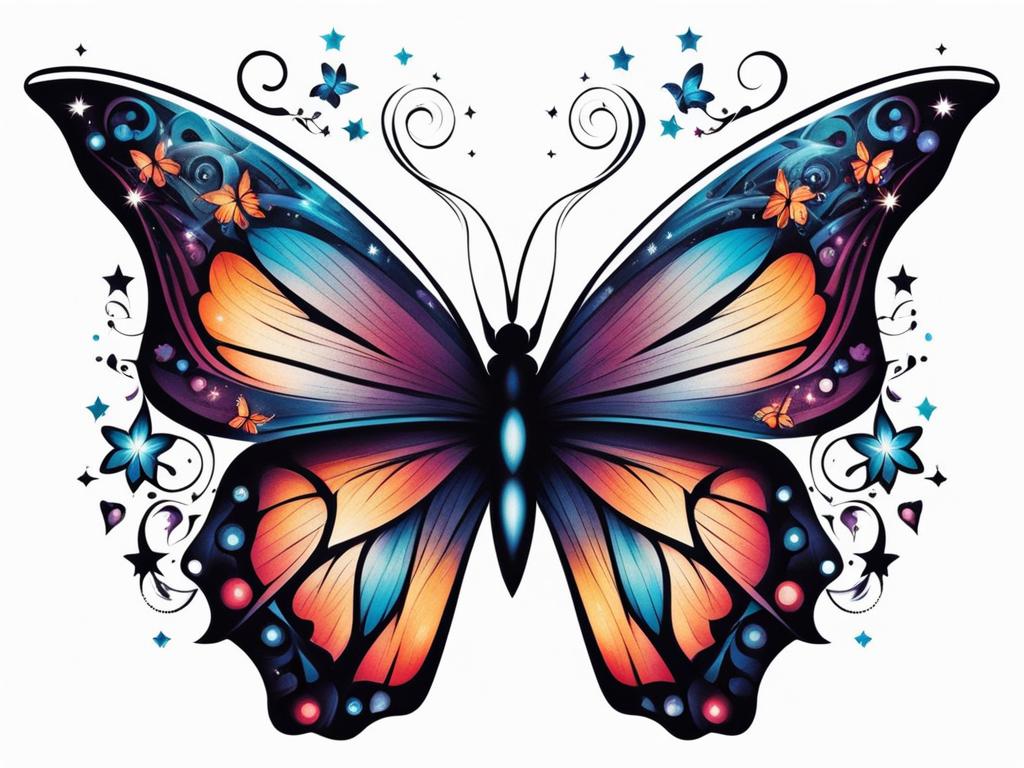 Butterfly star tattoo, A stylish combination of stars and butterflies in tattoo art.  viviid colors, white background, tattoo design