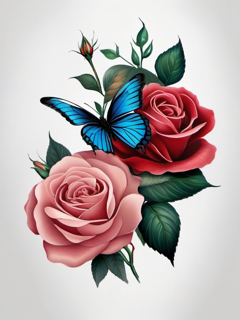 a rose and a butterfly tattoo  simple color tattoo, minimal, white background