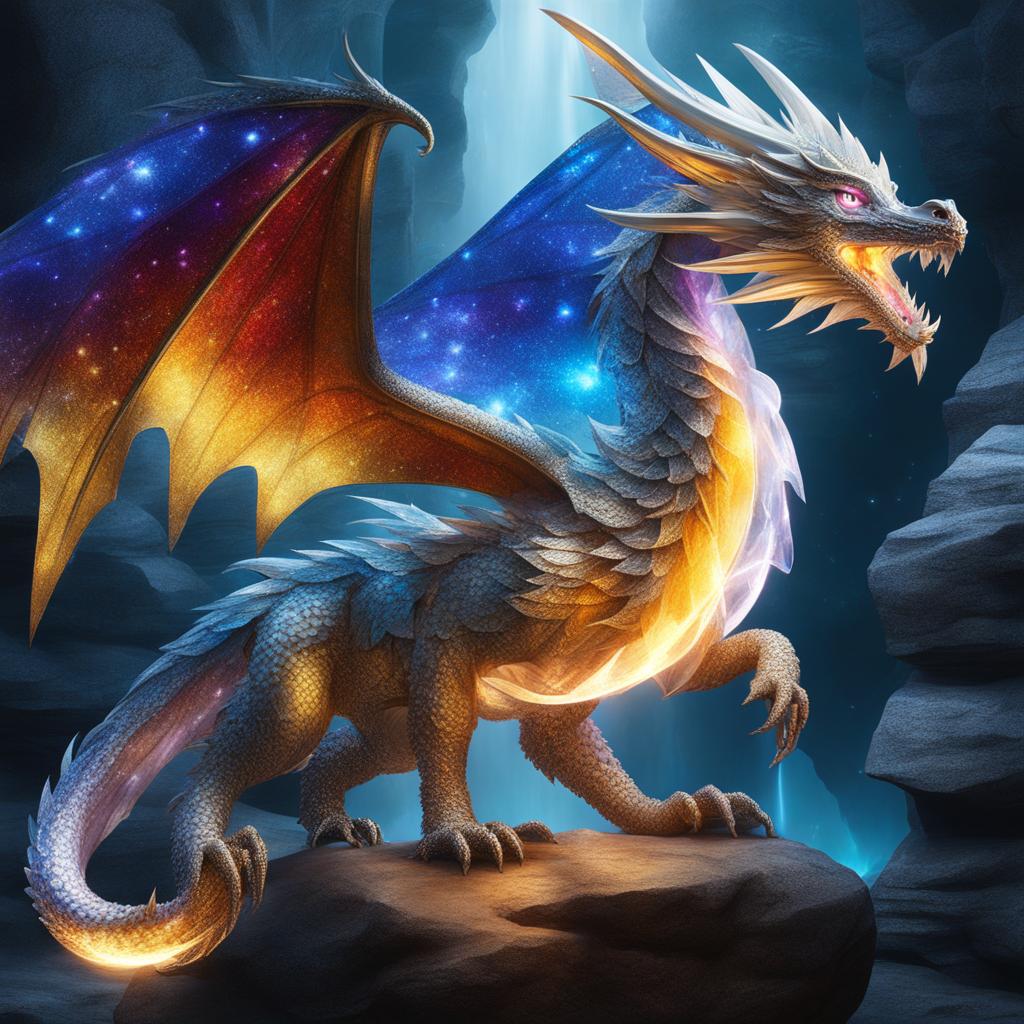 crystal dragon residing within a cavern of glittering gemstones, its crystalline wings refracting light in all directions. 