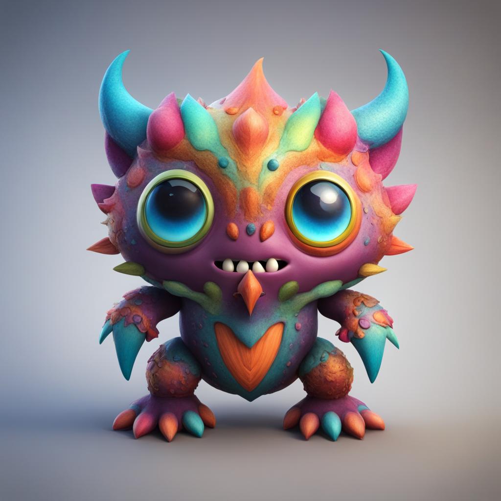 Cute monster with 2 eyes, a big head, 4 arms, one tail and multicolor skin