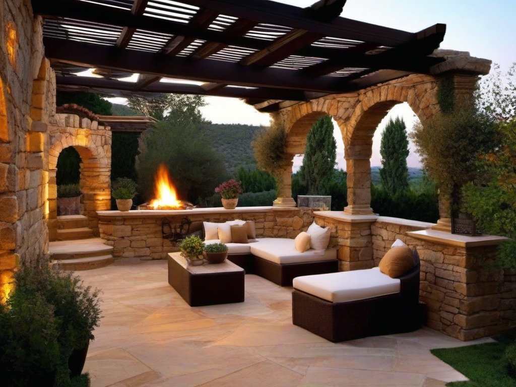 Mediterranean outdoor terrace with stone walls and pergola.  