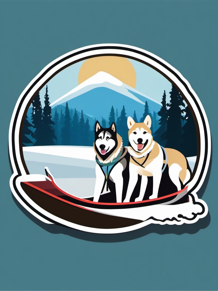 Sled and Huskies Sticker - Arctic dog sledding, ,vector color sticker art,minimal