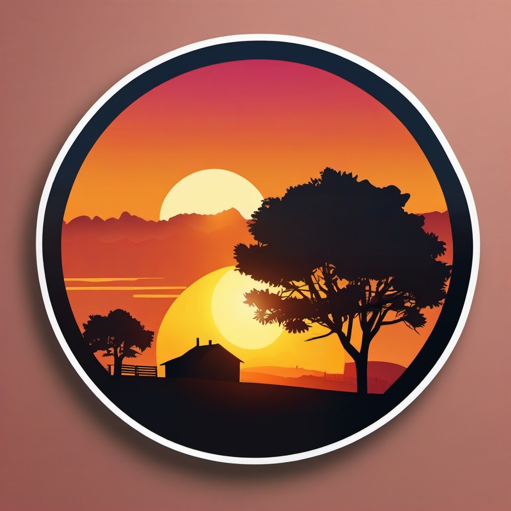 Sunset over rural landscape sticker- Rural tranquility, , sticker vector art, minimalist design