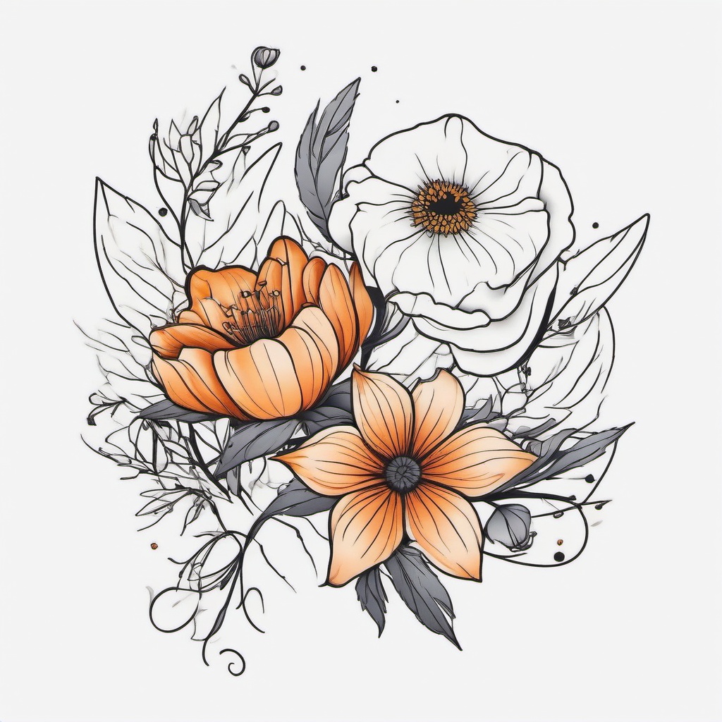 Halloween Flower Tattoo - Tattoo featuring flowers with a Halloween twist.  simple color tattoo,minimalist,white background