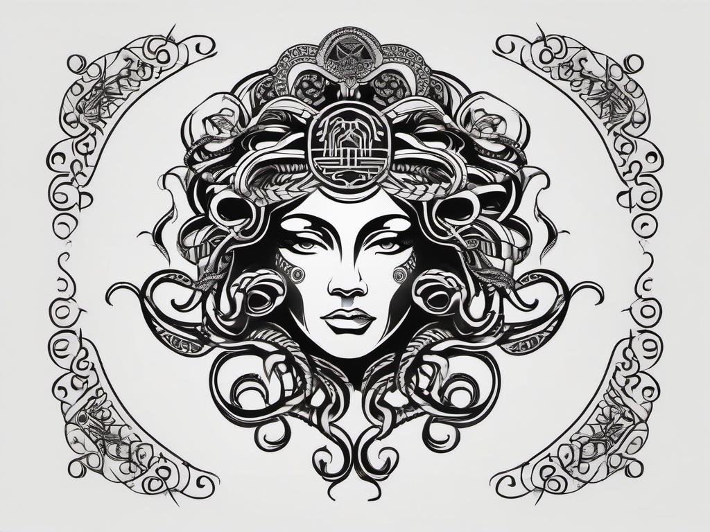 Blackwork Medusa - Infuse contemporary artistry with a blackwork Medusa tattoo, featuring bold black ink and intricate patterns.  simple vector color tattoo,minimal,white background