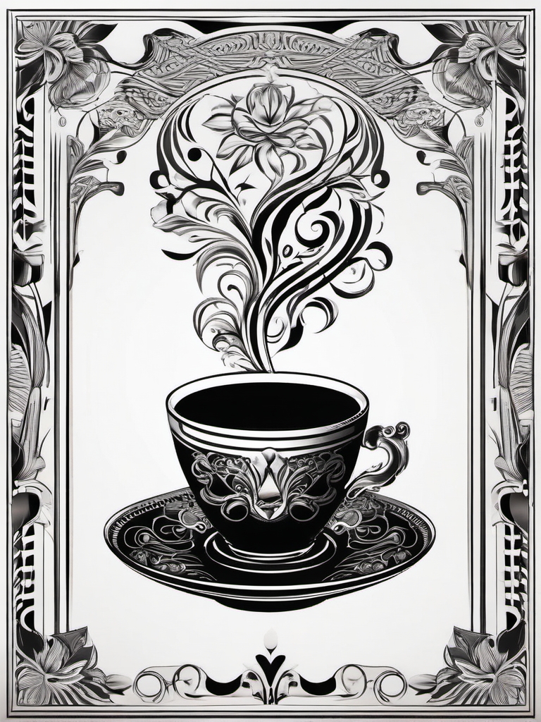 Coffee cup and saucer design: Classic elegance in minimalism.  black and white tattoo style