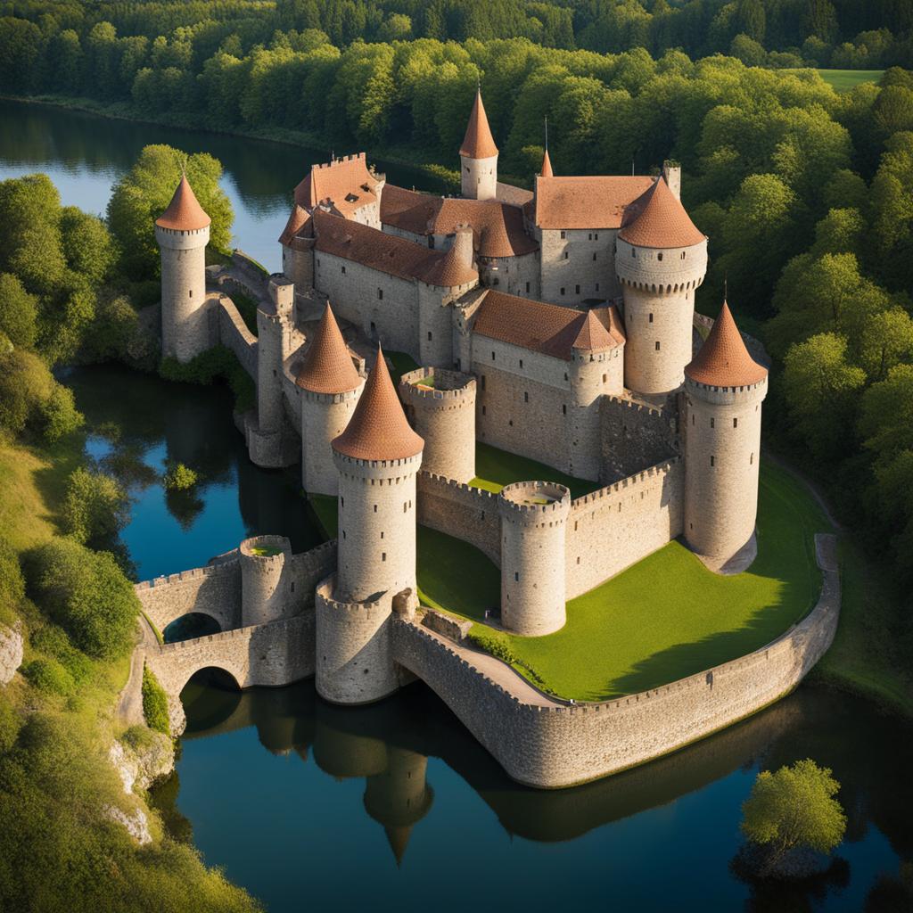 medieval castle, a historical fortress with stone walls, drawbridges, and turrets. 