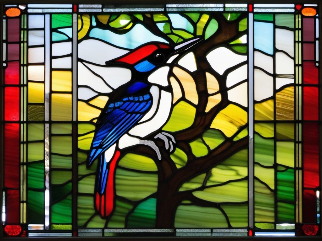 Stained Glass Woodpecker - Woodpecker tapping on tree  