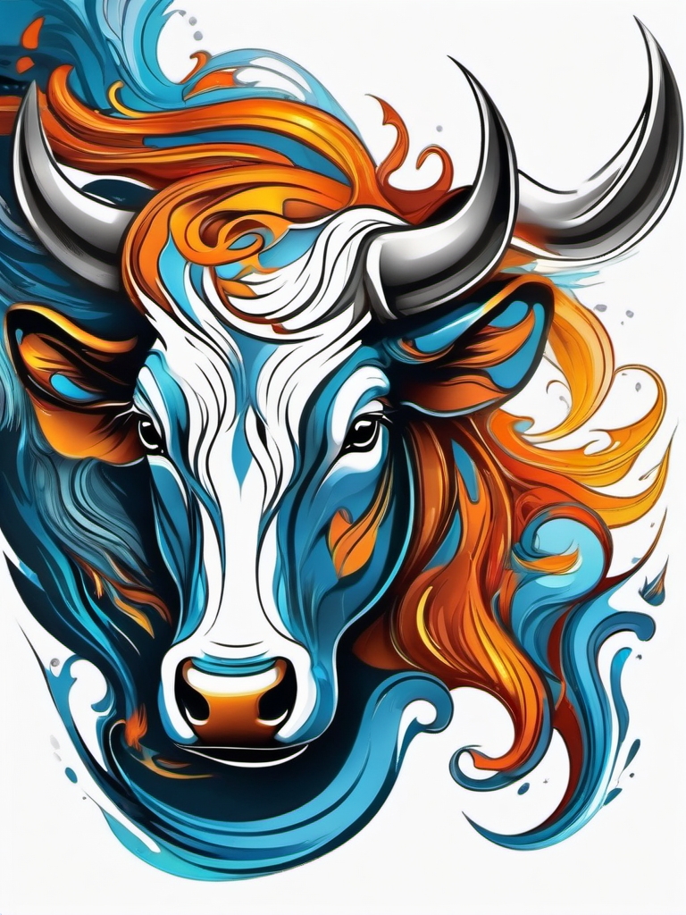 Abstract bull in water tattoo. Fluidity in the relentless journey.  color tattoo design, white background