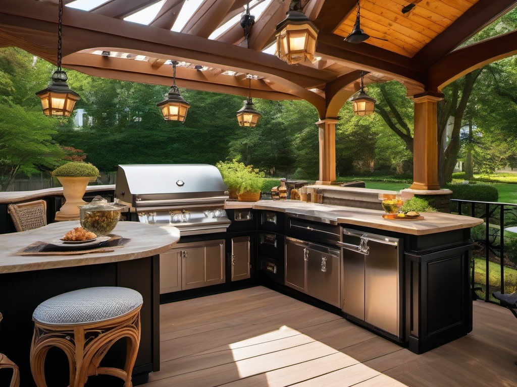 Victorian outdoor kitchen embodies classic elegance with intricate cabinetry, vintage fixtures, and stylish seating that enhances the outdoor dining experience.  