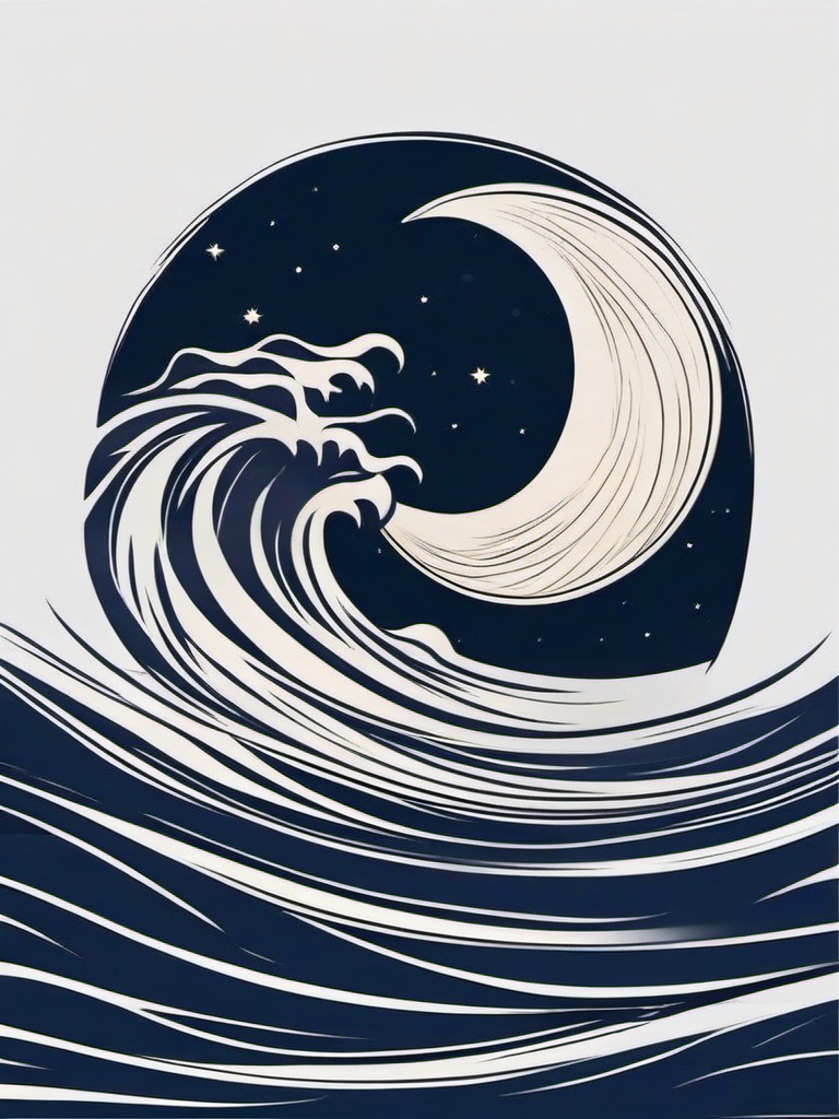 Moon Wave Tattoo - Capture the serene beauty of the moon and waves in a captivating tattoo.  simple vector color tattoo,minimal,white background