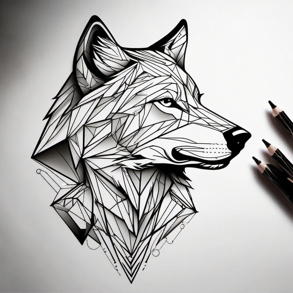 Geometric Wolf Tattoo,geometry meets the wild, as a wolf takes shape through precise lines and angles, symphony of artistry. , color tattoo design, white clean background